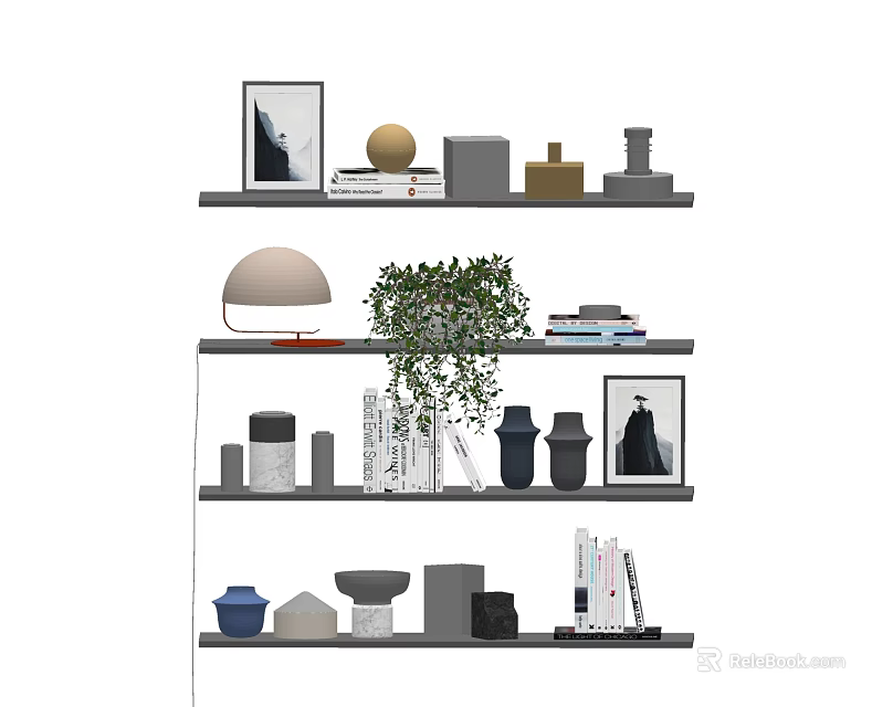 Modern Decorative Ornament Combination On Multi Layer Shelves With Picture Frames Books And Green Plant 3d model 