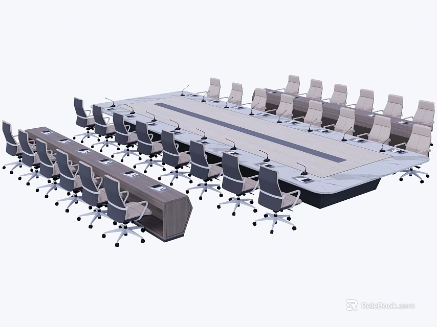 Modern Office Conference Table With Surrounding Ergonomic Chairs In Meeting Setup 3d model 