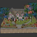 Cartoon Scene of Thatched Cottage with Lush Trees Colorful Flowers and Garden Pathway