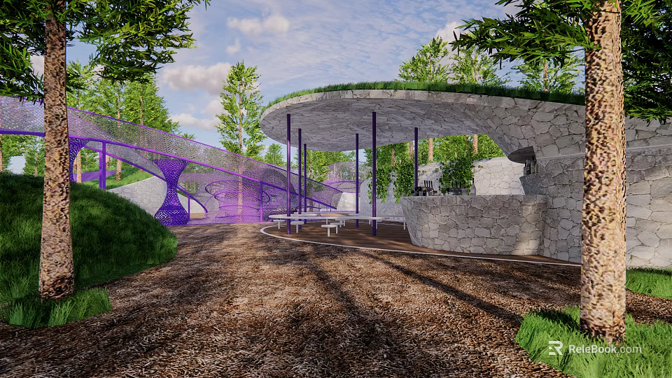 Park Landscape With Curved Green Roof Purple Mesh Structure And Seating Area 3d model 