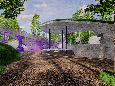 Park Landscape With Curved Green Roof Purple Mesh Structure And Seating Area 3d model