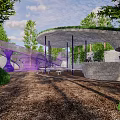 Park Landscape With Curved Green Roof Purple Mesh Structure And Seating Area