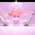 Contemporary Exhibition Booth Featuring Honeycomb Orange Decoration White Chairs With Yellow Trim And Small Table