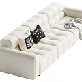 White Modern Sectional Sofa with Black Patterned Pillows and Grey Throw Blanket in Tufted Design 3d model