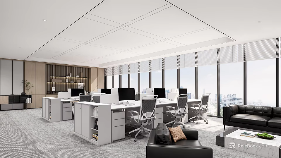 Modern Open Public Office Space With Desks Computers Chairs Large Windows And Sofa 3d model