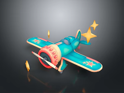 Playful Cartoon Blue Airplane Featuring Red Yellow Stars Decorations And Falling Stars Coins 3d model
