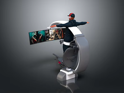 Immersive Virtual Reality Experience With User Wearing VR Headset On Chair Device And Large Screen 3d model