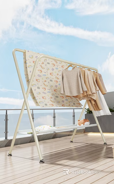 Clothes Rack On Balcony With Hanging Clothes Cartoon Patterned Cloth And Small Stuffed Toy 3d model 