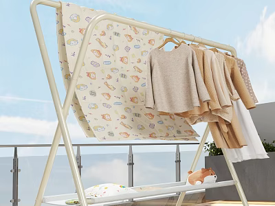 Clothes Rack On Balcony With Hanging Clothes Cartoon Patterned Cloth And Small Stuffed Toy 3d model