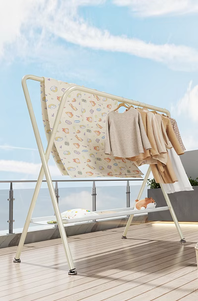 Clothes Rack On Balcony With Hanging Clothes Cartoon Patterned Cloth And Small Stuffed Toy 3d model