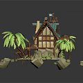 Cartoon Style Tropical Island Scene With Wooden House Blue Roof Palm Trees And Rocks