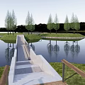 Modern Landscape Bridge Over Water With Green Grassland And Trees Reflections