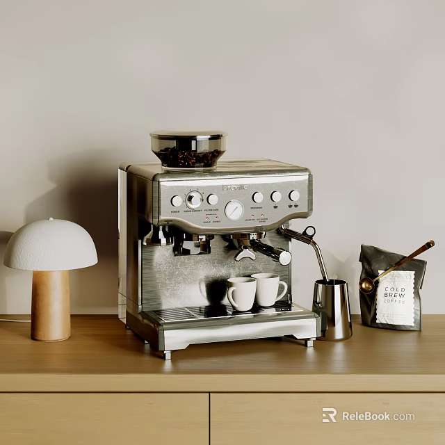 Stainless Steel Coffee Machine With Coffee Cups Lamp And Bean Bag On Wooden Table 3d model 