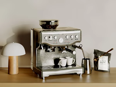 Stainless Steel Coffee Machine With Coffee Cups Lamp And Bean Bag On Wooden Table 3d model