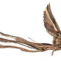 Phoenix Shaped Golden Metal Decorative Ornament with Spread Wings and Long Tail Feathers