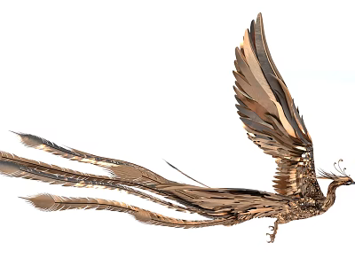 Phoenix Shaped Golden Metal Decorative Ornament with Spread Wings and Long Tail Feathers 3d model