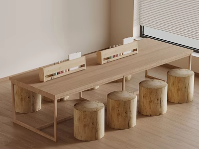 Natural Indoor Long Wooden Table With Tree Stump Stools And Small Items 3d model