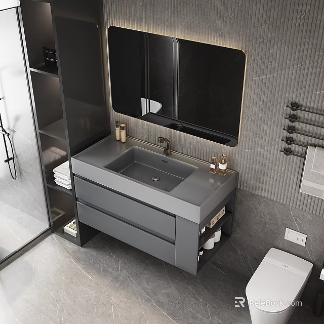 Modern Bathroom Interior Design With Gray Vanity Mirror Storage Cabinet And Wall Tiles 3d model 