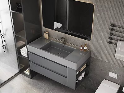 Modern Bathroom Interior Design With Gray Vanity Mirror Storage Cabinet And Wall Tiles 3d model
