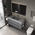 Modern Bathroom Interior Design With Gray Vanity Mirror Storage Cabinet And Wall Tiles