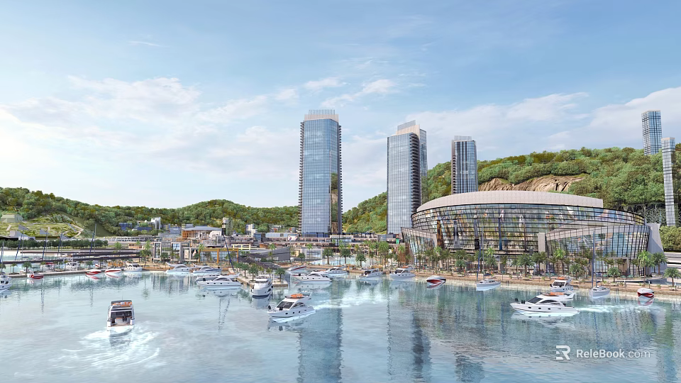 Scenic Waterfront Landscape with Boats Skyscrapers Round Architecture and Mountain Backdrop 3d model 