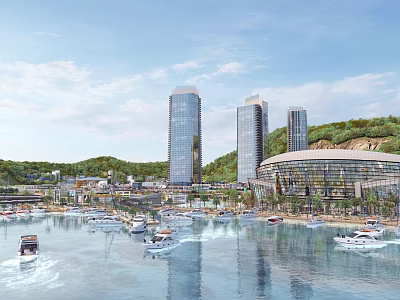 Scenic Waterfront Landscape with Boats Skyscrapers Round Architecture and Mountain Backdrop 3d model