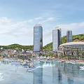 Scenic Waterfront Landscape with Boats Skyscrapers Round Architecture and Mountain Backdrop