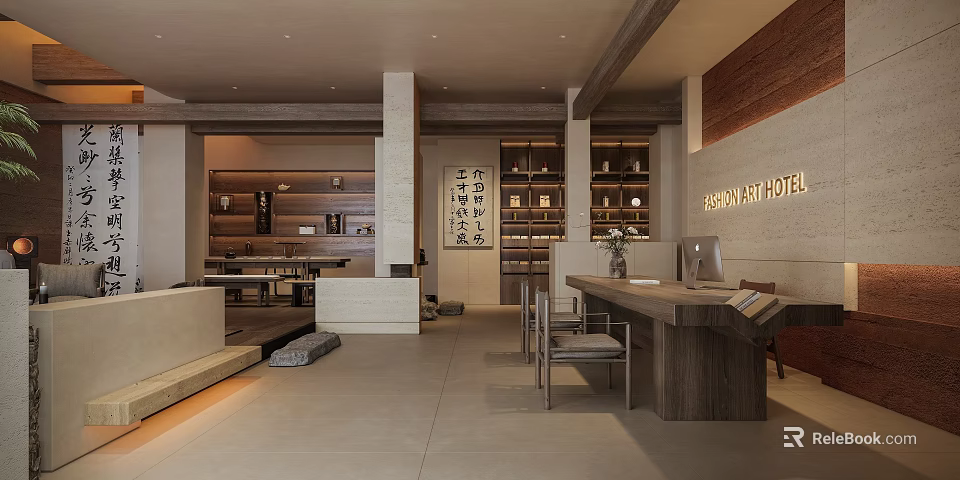 Spacious Asian Hotel Lobby With Modern Minimalist Design Wooden Display Shelves And Reception Desk 3d model 