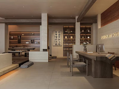 Spacious Asian Hotel Lobby With Modern Minimalist Design Wooden Display Shelves And Reception Desk 3d model