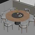 Modern Round Wooden Dining Table Set With Grey Chairs And Table Decorations 3d model