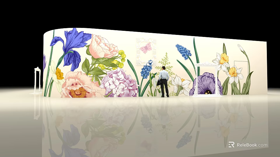 Colorful Floral Mural With Various Flowers Butterfly For Home Decor 3d model 