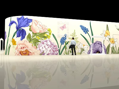 Colorful Floral Mural With Various Flowers Butterfly For Home Decor 3d model