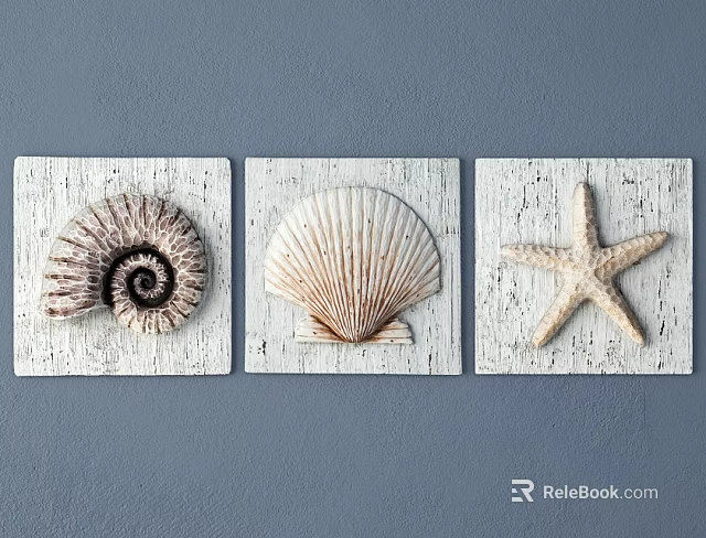Nautical Themed Wall Decor with Spiral Shell Scallop and Starfish on Wooden Panels 3d model 