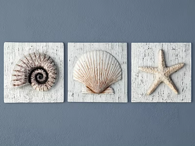 Nautical Themed Wall Decor with Spiral Shell Scallop and Starfish on Wooden Panels 3d model
