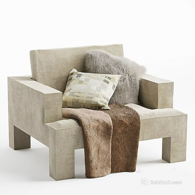 Beige Single Sofa With Patterned And Furry Pillows And Brown Blanket 3d model