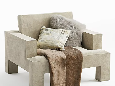 Beige Single Sofa With Patterned And Furry Pillows And Brown Blanket 3d model