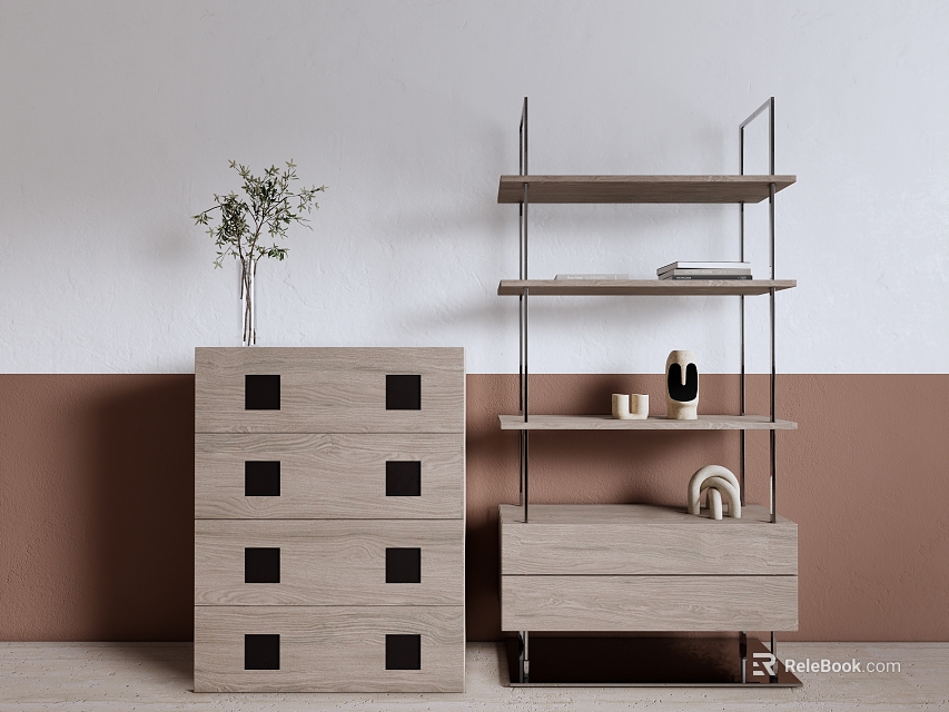 Modern Light Wood Chest of Drawers with Black Square Accents and Metal Frame Shelf 3d model 