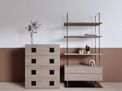 Modern Light Wood Chest of Drawers with Black Square Accents and Metal Frame Shelf 3d model