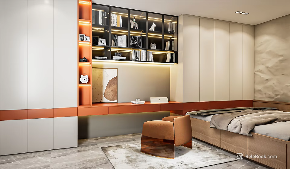 Modern Tatami Bedroom With Built In Storage Cabinets Wooden Desk And Warm Lighting 3d model 