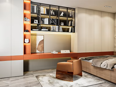 Modern Tatami Bedroom With Built In Storage Cabinets Wooden Desk And Warm Lighting 3d model