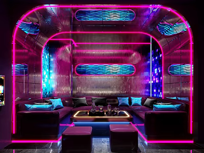 KTV Neon Lit Luxury Interior With Comfortable Sofa Seating And Lounge Area 3d model
