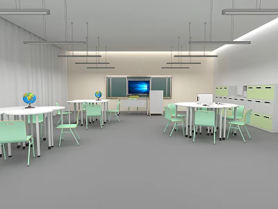 School Classroom Interior With Green Desks Chairs Globe Whiteboard And Lockers 3d model