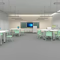 School Classroom Interior With Green Desks Chairs Globe Whiteboard And Lockers