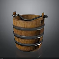 Vintage Wooden Bucket With Metal Hoops And Curved Handle Design