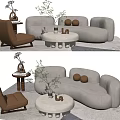 Modern Curved Sofa and Round Coffee Table Set With Brown Armchair And Potted Plant