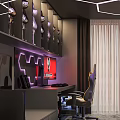 Modern Internet Cafe Interior With Hexagon Ceiling Lighting Gaming Chair Sofa And Wall Logo