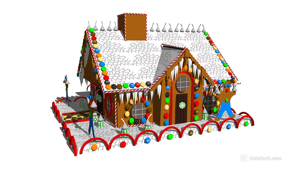 Festive Gingerbread House Photo Spot With Colorful Candies Frosted Roof Chimney And Decorations 3d model 