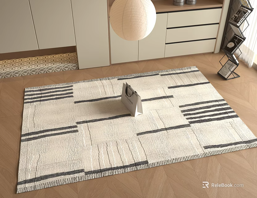 Modern Square Rug with Black White Geometric Patterns in Living Room Interior 3d model 