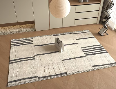 Modern Square Rug with Black White Geometric Patterns in Living Room Interior 3d model