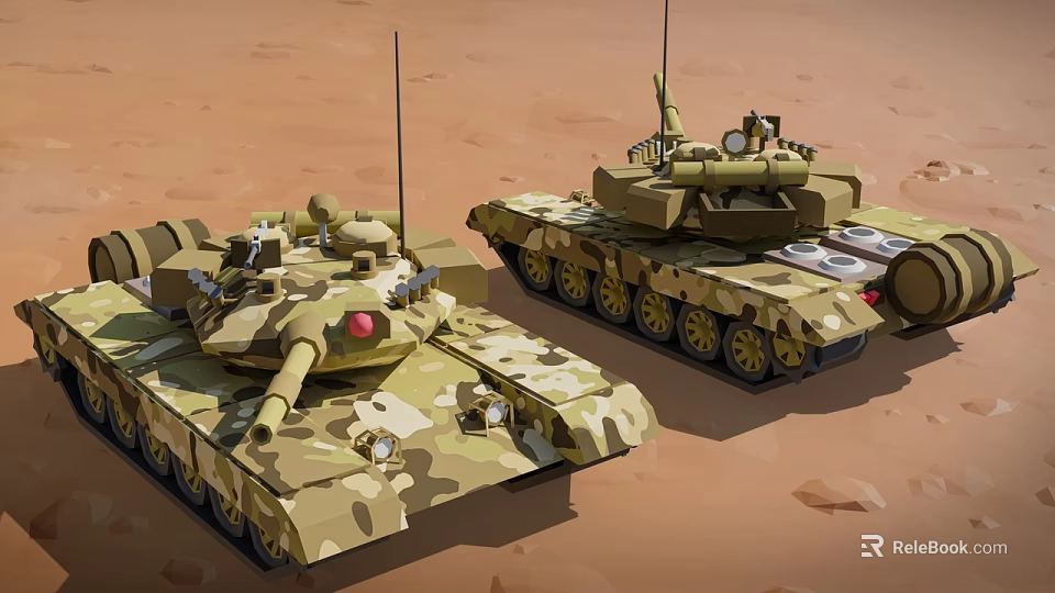 Two Camouflage Military Tanks In Desert Terrain With Heavy Weapon Systems 3d model 